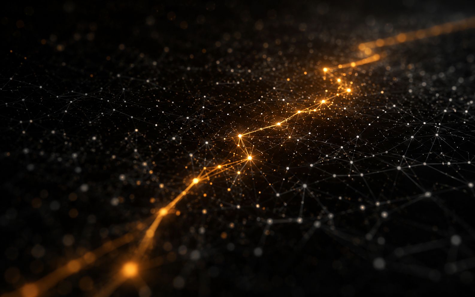 Hundreds of faint scattered nodes in the dark with one glowing amber path cutting cleanly through them