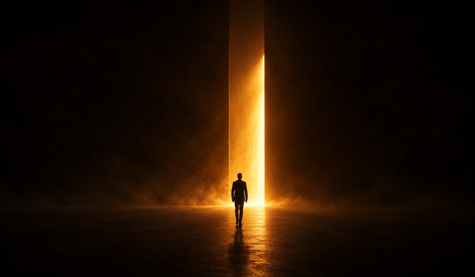 A single warm amber door of light opening in a vast dark space with a faint silhouette of a figure stepping toward it
